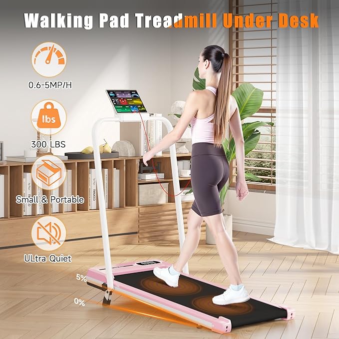 Incline Walking Pad with Handle Bar, Foldable Portable Under Desk Treadmill for Home Office, Ultra Quiet <45dB, Safety Lock, 300+ LB Capacity