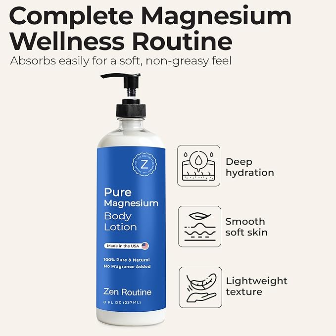 Zen Routine Magnesium Lotion for Sleep, Leg Cramps & Muscle Soreness with Shea Butter | Award-Winning Cream For Sleep – Safe for Kids – Unscented, Non-Greasy, Ultra Soothing – Made in USA