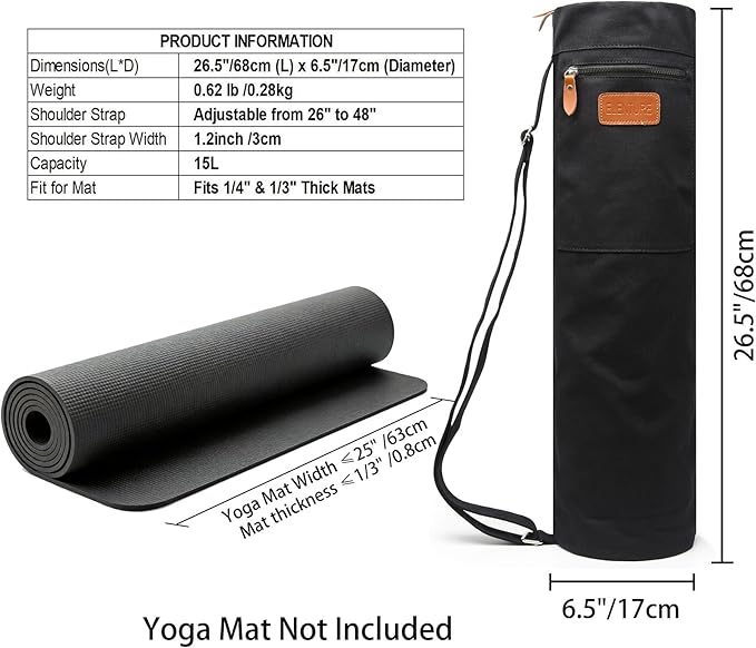 Canvas Yoga Mat Bag with Adjustable Strap & Pockets, Full-Zip Travel Gym Tote for Women & Men, Fits 1/4" & 1/3" Thick Mats, Lightweight Carrier for Yoga, Studio, Workout, Outdoor Use