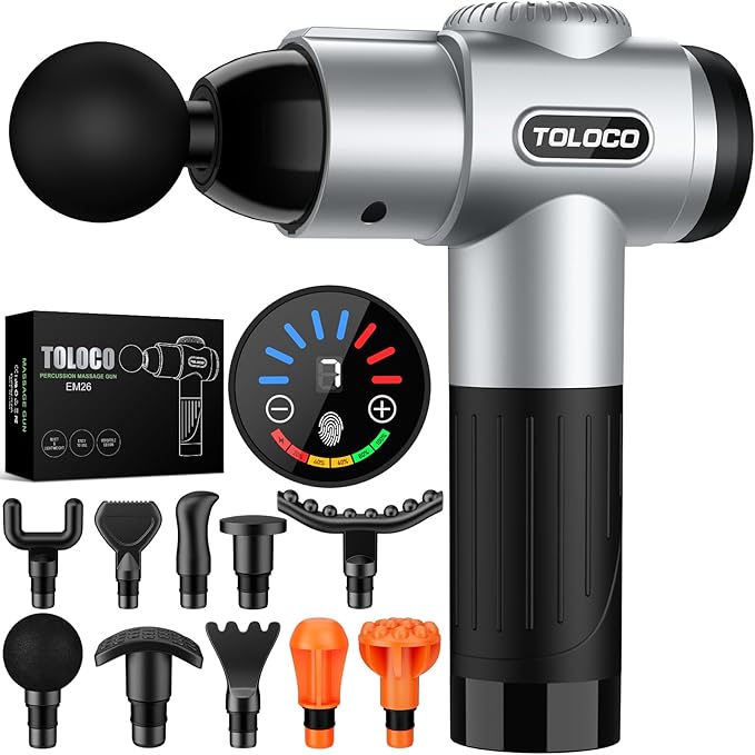 TOLOCO Massage Gun, Muscle Massage Gun Deep Tissue for Athletes with 10 Massage Heads, Electric Percussion Massager for Any Pain Relief, Valentines Day Gifts for Him Her, Silver