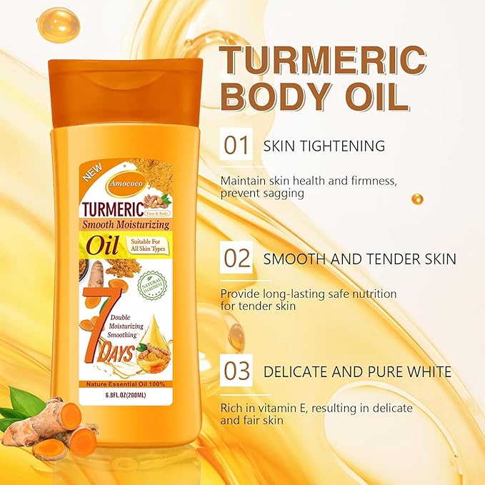 2 Packs Turmeric Oil, Natural Moisturizing Nourishing for Face and Body, Vitamin E Body Oil, Anti-aging, Wrinkle Skincare Essential oil for All Skin Types, 200ml*2