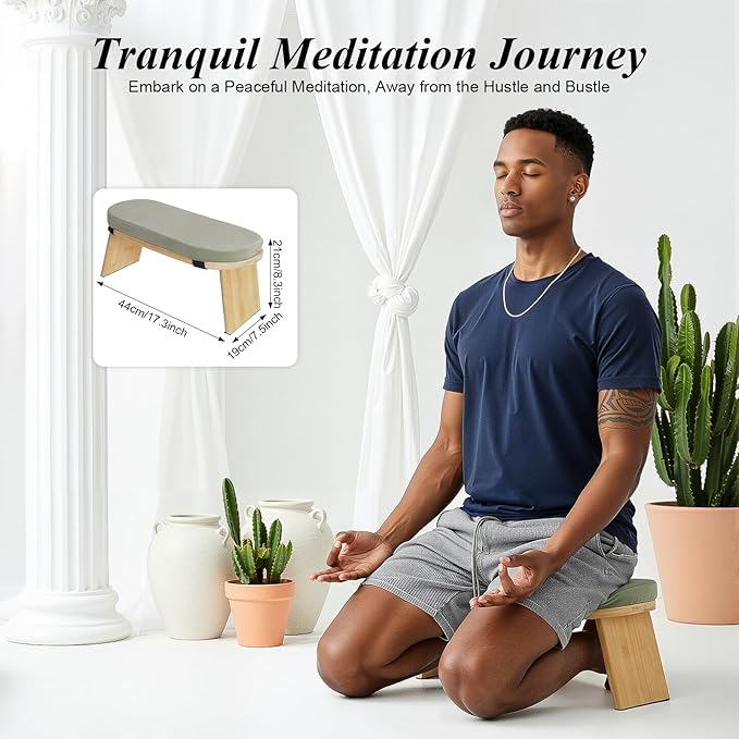 Meditation Bench Foldable & Ergonomic, Kneeling Meditation Stool with 5° Forward Tilt & 400lbs Capacity, Bamboo Meditation Stool with Detachable Velvet Cushion forYoga Prayer (Green)