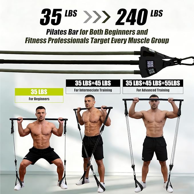 Pilates Bar Kit with Resistance Bands for Men, Heavy Duty Home Gym Equipment for Full Body Workout, Strength Training, Legs, Hips, Arms, Abs, Chest – Portable Pilates Stick