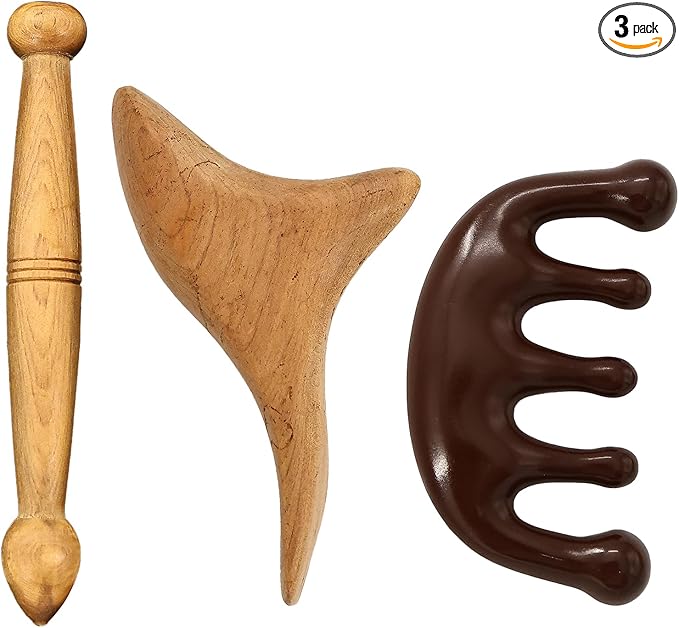 3PCS Reflexology Tools, Wood Therapy Massage Tools, Triangle Gua Sha Board Scraping Board Foot Massage Stick and Wooden Scalp Massager