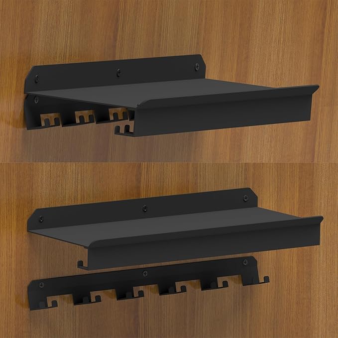 24 Inch Metal Floating Shelf Compatible with Tonal Accessories, Wall Mounted Home Gym Storage Organizer with T-Lock Adapters, 6 Pre-Installed Brackets & Hooks, Black Workout Equipment Holder(Black, 1)
