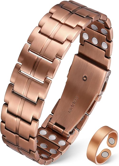 3X Strength Magnetic Copper Bracelet for Men - 99.9% Pure Copper Bracelet & Ring Set - Premium Fold-Over Clasp and Adjustable Length Sizing Tool & Jewelry Box
