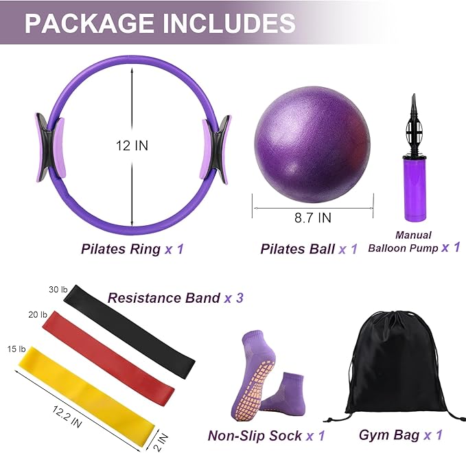 Pilates Ring and Ball Set 12 Inch Magic Circle Pilates Ring with 3 Resistance Bands Home Pilates Kit for Women Workouts Pilates Set for Beginners, Fitness Gift