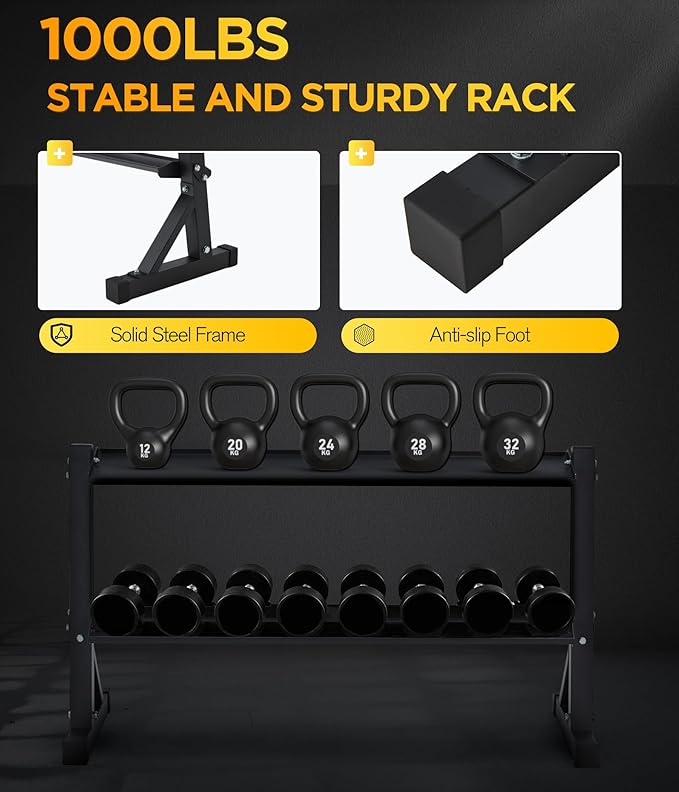48" Kettlebell Storage Rack, 2-Tier Dumbbell and Kettlebell Rack for Home Gym, 1000LBS Weights Storage for Free Weights, Dumbbells, Kettlebells and Medicine Ball
