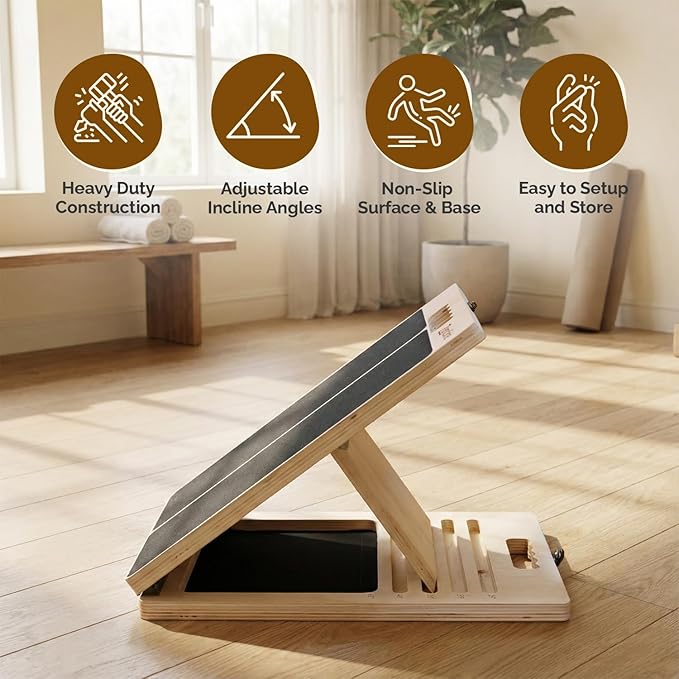Portable Wooden Slant Board for Calf Stretching with Resistance Bands, Adjustable 300 Lbs Weight Capacity Incline Board for Calf Stretcher, Calf Stretch Board for Knees Ankle Heel Feet Leg