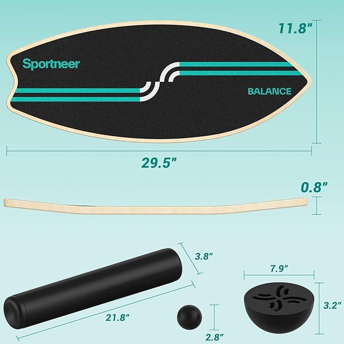 Sportneer Balance Board Upgrade – 8-in-1 Wooden Wobble Board with Roller, Rubber Ball & Half Ball, Balance Trainer for Adults, Core Strength & Physical Therapy Equipment 450 LBS
