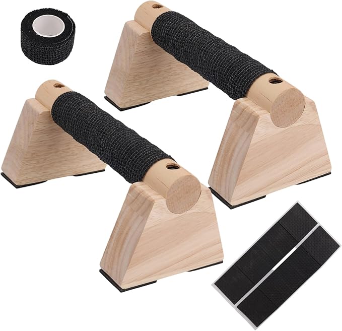 Parallettes Bars Set, 2pcs Wooden Push Up Handles Bars for Floor with Anti-Slip Base 1 Spacer & 1 Grip Tape Wood Home Gym Equipment for Handstand Training Calisthenics & Pushup Strength Workout