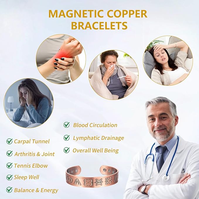 Copper Bracelet for Men 99.9% Pure Copper Magnetic Bangle with 6pcs 3500 Gauss Magnets, Copper Magnetic Bracelet for Men Copper Bracelets Jewelry Gift Gifts for Men Dad