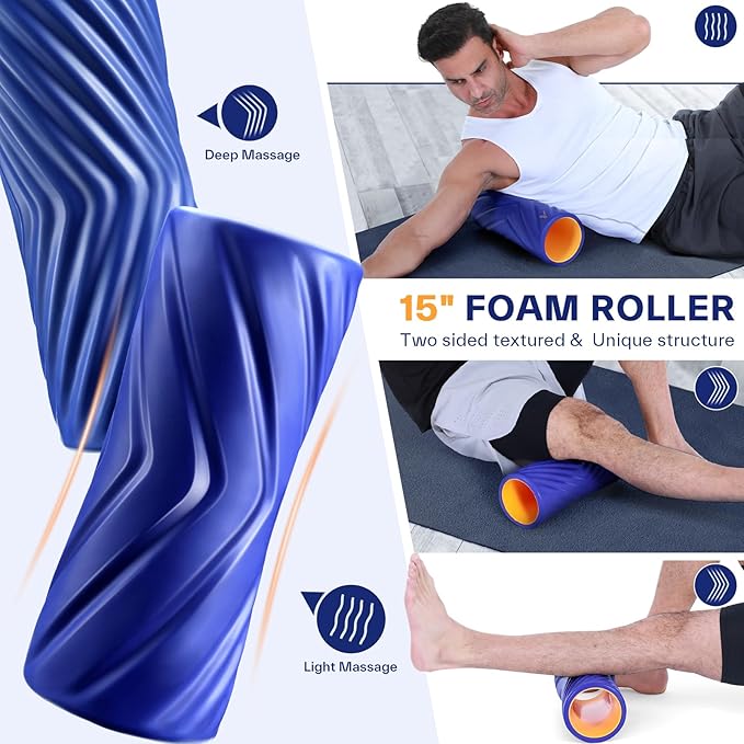 Sportneer 4 in 1 Foam Set, Muscle Relax Kit with 2 Textured Foam Rollers, Stringed Exercise Ball, Lacrosse Ball for Muscle Shoulder Back Leg Whole Body Relax Fitness Yoga