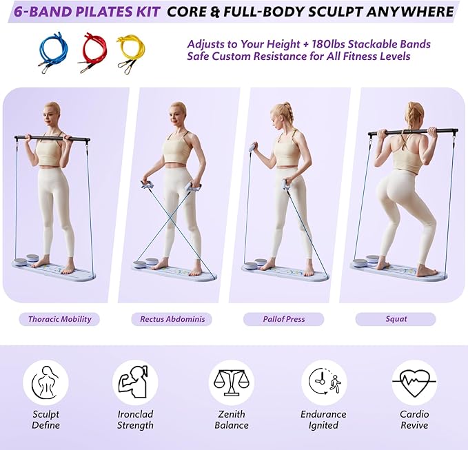 Pilates Board & Reformer Machine Set - Foldable Home Pilates Equipment, 6-in-1 Multifunctional Pilates Sliding Board for Women/Men, Portable Pilates Reformers Workout Machine 2025 Pro Version
