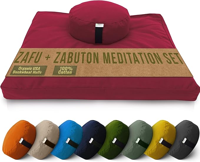Bean Products Meditation Cushion Mat Set - Zafu Floor Pillow Organic Buckwheat Pillow + Cotton Filled Zabuton Prayer Pad - Meditation Pillow Yoga Knee Pad - Made in USA - 14" Round or 18" Oval
