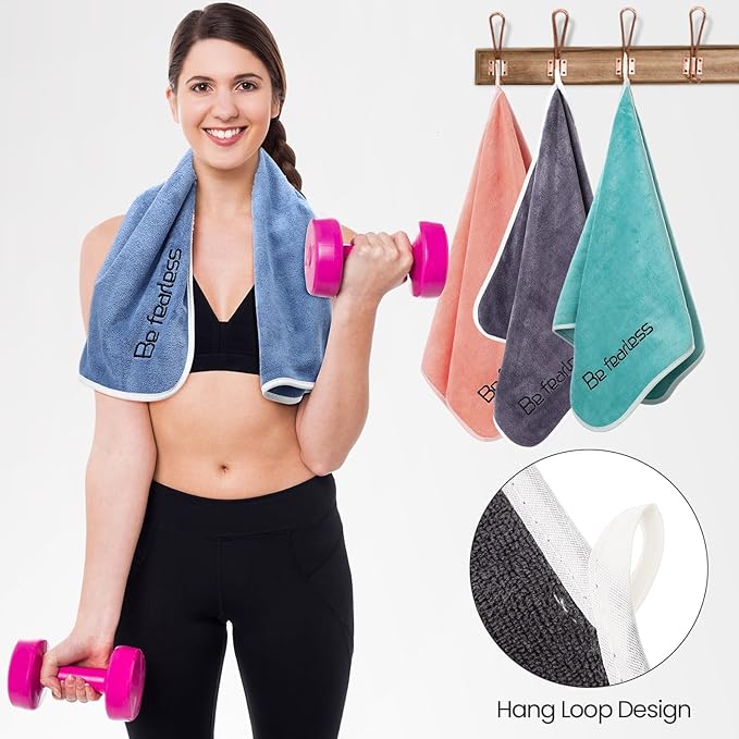 Peryiter 15 Pcs Microfiber Gym Towels Set for Men and Women, Soft Be Fearless Sweat Workout Towels for Yoga Sports Exercise Fitness Bath Home Cycling Swimming Camping, 30" x 14", 5 Colors