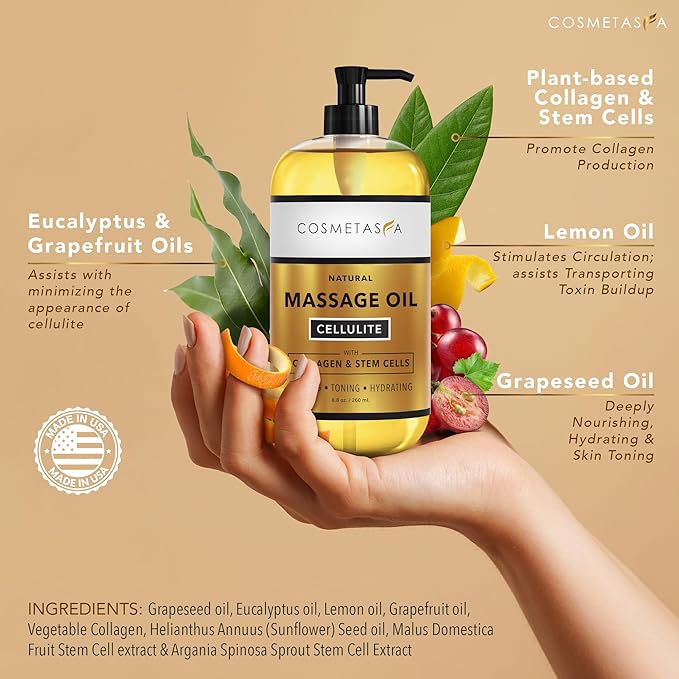 Cosmetasa Anti Cellulite Massage Oil – Lymphatic Drainage & Firming Body Oil with Collagen & Stem Cells – Toning & Hydrating, Lightweight, Non-Greasy Formula (8.8 fl oz)