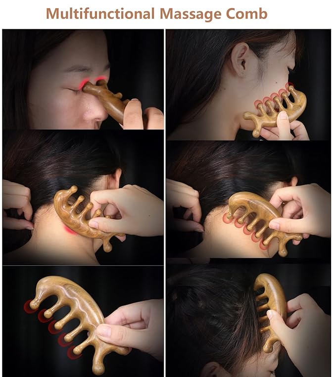 SAEEYCUE Authentic Green Sandalwood Comb Gua Sha Scraping Scalp Massager Head Head, Neck, Hands and Legs (B)