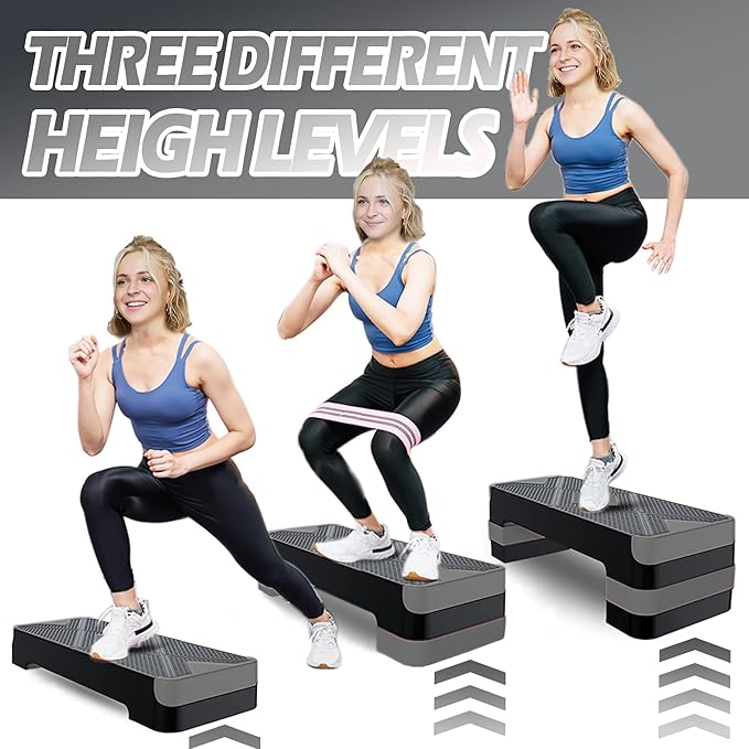 Adjustable Aerobic Exercise Step- Workout Step Platform, 26.5" Step Deck with 4", 6", 8" Height Risers, Women's Home Gym Fitness