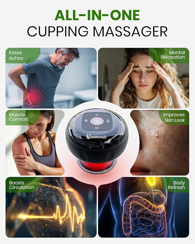 4 Pack 5-in-1 Smart Dynamic Cupping Set, Electric Cupping Device with Red Light, Heated Cupping Massager with 12-Level Suction & Heat, Cupping Machine for Pain Relief, Muscle Soreness, Knots, Aches