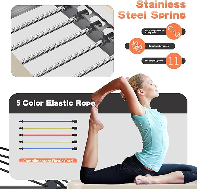Foldable Pilates Reformer Machine for Home Use - 330lbs Capacity with 5 Alloy Springs, 11 Resistance Levels & UP Leather Surface, Space-Saving Fitness Equipment