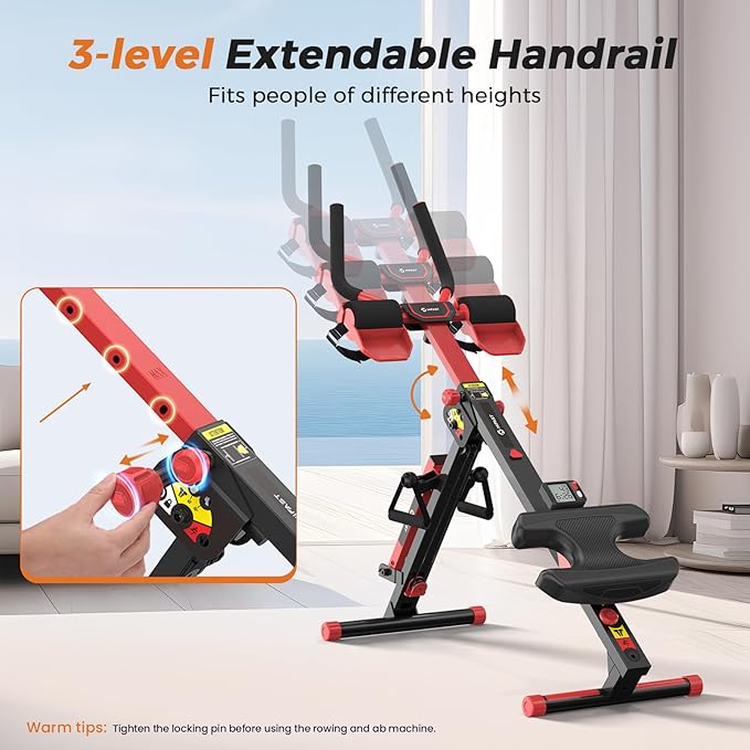Ab Machine and Rowing Machine, 4 in 1 Rowing Machines for Home with 3 Levels of Workout Resistance, Quiet & Foldable Rower Machine with 3 Adjustable Handle Heights & LCD Monitor, Row Machine for Home