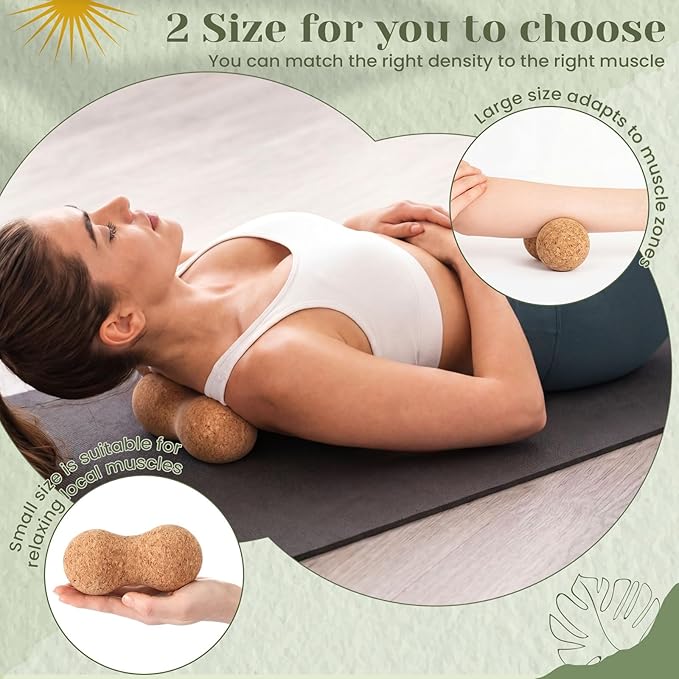 Novabright 2 Pcs Cork Peanut Massage Ball Double Lacrosse Ball Peanut Roller for Myofascial Release, Muscle Relaxation Acupoint Massager for Back, Shoulder, Feet Pain Relief(4.7 and 6.3 Inches)