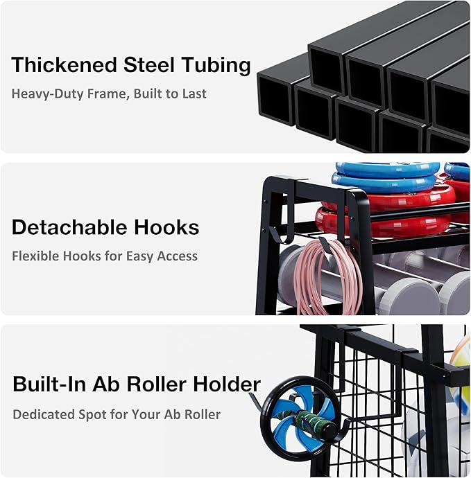 Dual-Sided Dumbbell Rack with Hooks & Wheels, Adjustable Home Gym Storage Rack for Dumbbells, Kettlebells, Balls, Yoga Mats, Ab Roller, Weight Rack Organizer for Workout Equipment