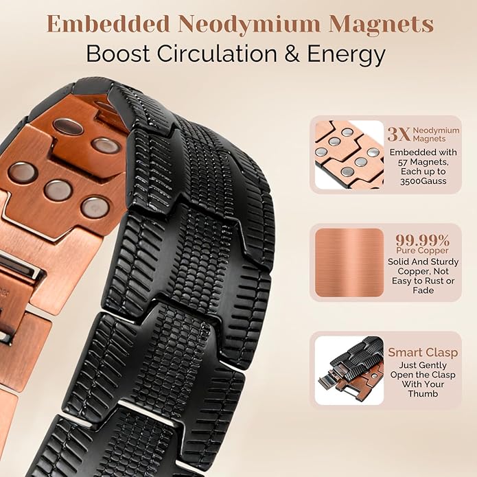JEROOT Men's 99.99% Pure Copper Magnetic Bracelet, 3500 Gauss Magnets Adjustable with Sizing Tool