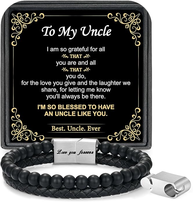LUXEJEW Gifts for Men - Beaded Leather Bracelet 6mm Matte Agate Stone Bracelets for Men Dad Son Husband Boyfriend Grandpa Grandson Brother Uncle Nephew Adjustable Magnetic Clasp