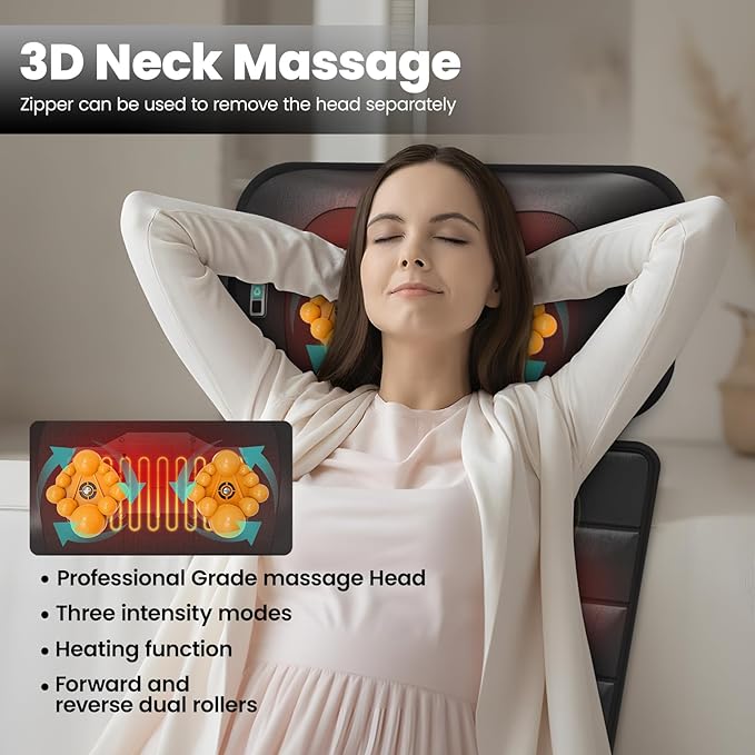 Massage Mat, Detachable Neck Massager, Full Body Vibration Heating, Massage Pad with 10 Vibrating Motors and 9 Speed Settings for Home Office Use, Gift for Men Women Parents Christmas,Black