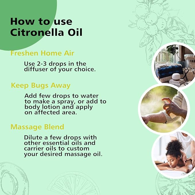 Citronella Essential Oil - 100% Pure Organic Oil for Diffuser, Spray, Candle Making & Skin Care - 10mL Glass Bottle