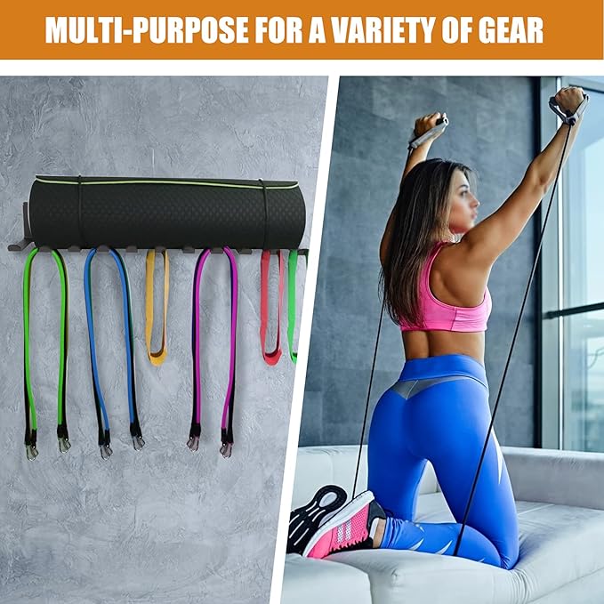 Multi-Purpose Heavy Duty Gym Storage Rack - 11 Hooks for Resistance Bands, Straps, Jump Ropes, Foam Rollers, Weight Belts, Tools (L-23")
