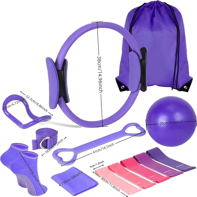 Pilates Essentials Kit for Women, Pilates Essentials Kit, 13 Piece Home Pilates Equipment Set Includes 𝐏𝐢𝐥𝐚𝐭𝐞𝐬 Ring Resistance Bands Yoga Ball, for Women's Home Workouts & Beginners