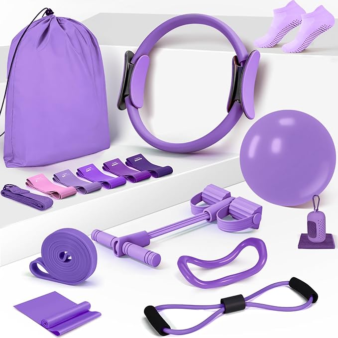 Pilates Essentials Kit for Women 15 Pcs Pilates Equipment for Home Workouts with Yoga Circle Ball Ring, 5 Resistance Bands,Pedal Puller Resistance Band,Anti Slip Socks for Starter Set