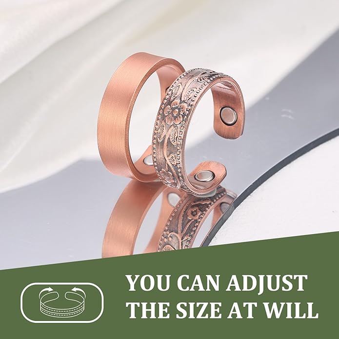 2PCS Magnetic Copper Rings for Women, Elegant Lymphatic Jewelry Gifts, Vintage Flower Adjustable Design(Copper)