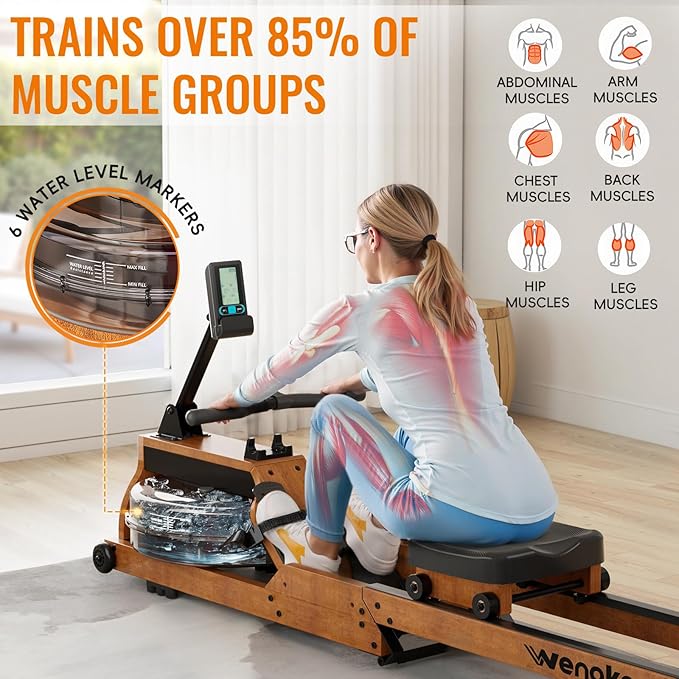 Water Rowing Machine for Home Use, WENOKER Wooden Foldable Rower Machine with Dedicated Monitor & Bluetooth APP, Large Water Tank & Comfortable Seat for Immersive Water Rower, 350LBS Weight Capacity