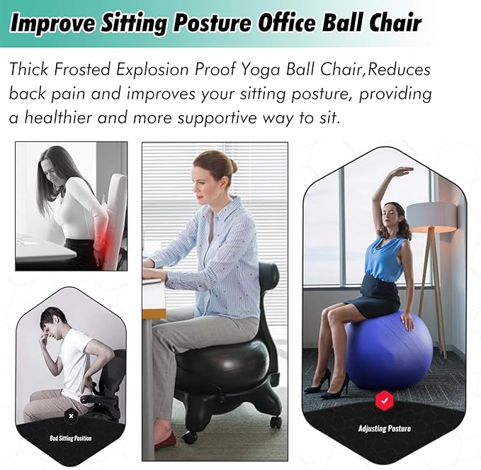 SRNSAEB Home Yoga Ball Chair Adjustable Height for Adults Office, Inflatable Ergonomic Sitting Ball Chair/Stability Ball for Office with Base, Slip Resistant Balance Ball Chairs(Blue)