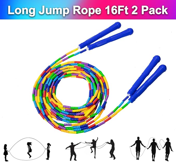 Long Double Dutch Jump Rope 16 Ft 2 Pack, Soft Beaded Skipping Ropes for Kids Adults, Plastic Segmented Jump Rope Multiplayer Group