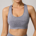 Yoga Set Seamless Women Long Sleeve Blouses Top Gym Sport Bra High Waist Tight Leggings Fitness Suit Shorts Sets (Color : Gray Bra, Size : Medium)
