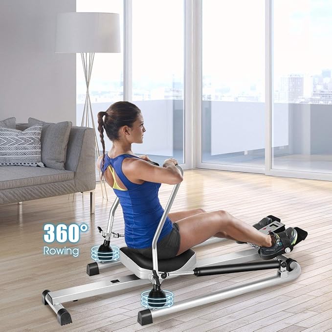 GYMAX Rowing Machine for Home, 265LBS Weight Capacity Hydraulic Rowing Machine with Adjustable Cylinder Resistance up to 110lbs & LCD Monitor, Compact Full Motion Rower for at Home Exercise