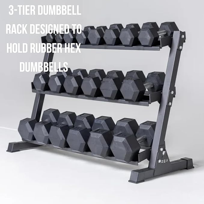 Rep Fitness Dumbbell Rack | 3-Tier Compact Holder | Fits Sets 5-50 lb | Weight Storage Stand | Rubber Hex Organizer | Free Weights Shelf | Heavy Duty Steel Frame | Gym Equipment for Home (Metallic Black)