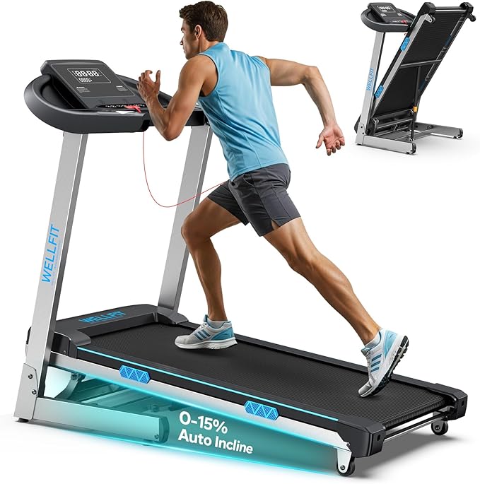 WELLFIT Treadmill with 15% Auto Incline, 400lbs Treadmills with Handlebar for Home, Voice Control Mute Remote, Under Desk Treadmill for Home Small Office, Walking Pads Work with KINOMAP Apple Health