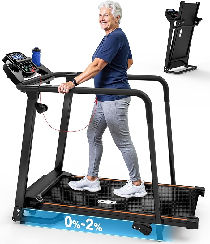 Redliro Walking Treadmill with Long Handrails – Treadmill for Seniors 300 lbs Capacity – Foldable, Lightweight with Wheels, Cup & Phone Holder – Recovery Machine for Home or Apartment
