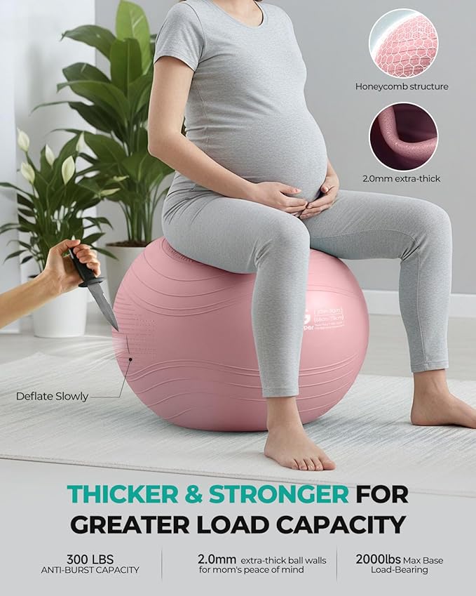 Gruper Yoga Ball, Extra Thick Exercise Ball for Workout Pregnancy Stability - 4 Sizes Anti Burst Balance Ball for Yoga, Pilates, Fitness, Birthing, Physical Therapy - Includes Pump