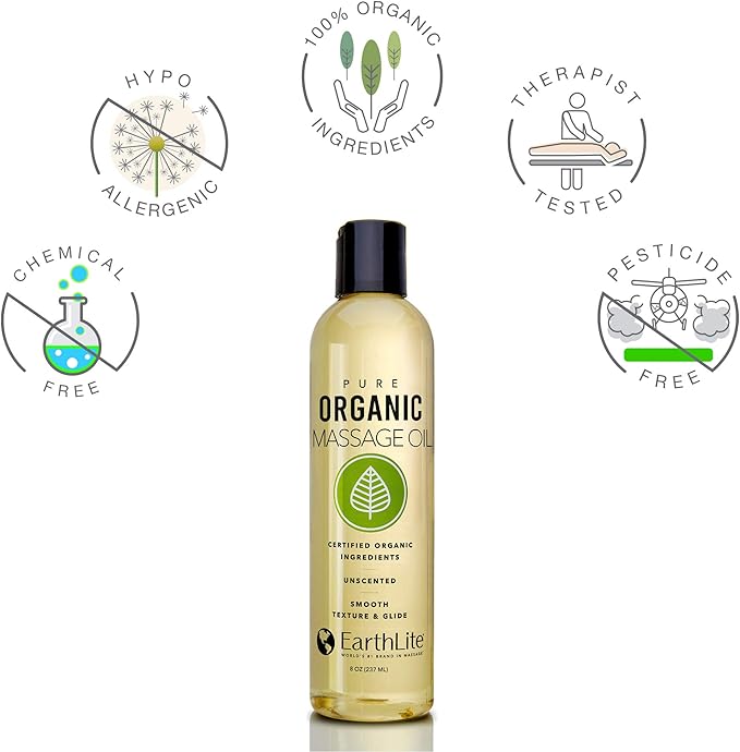 EARTHLITE Pure Organic Massage Oil - Chemical Free, 100% Certified Organic, High Quality for Therapists & Clients, Unscented, 8 oz