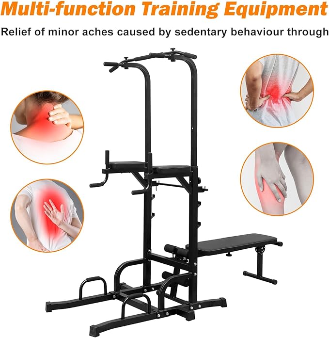Adjustable Power Tower Dip Station with Bench, Multi-Function Heavy Duty Pull Up Bar Stand, Home Gym Fitness Training Equipment for Strength Workouts