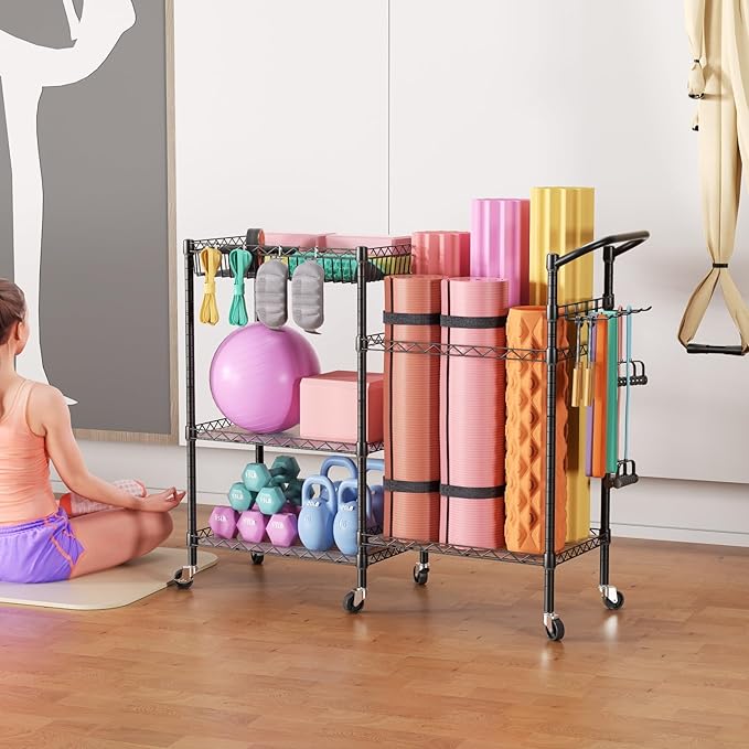 SINGAYE Dumbbell Rack Stand With Yoga Mat Storage, Gym Equipment Organizer, Cart for Workout Room, Home Gym With Hooks and Wheels