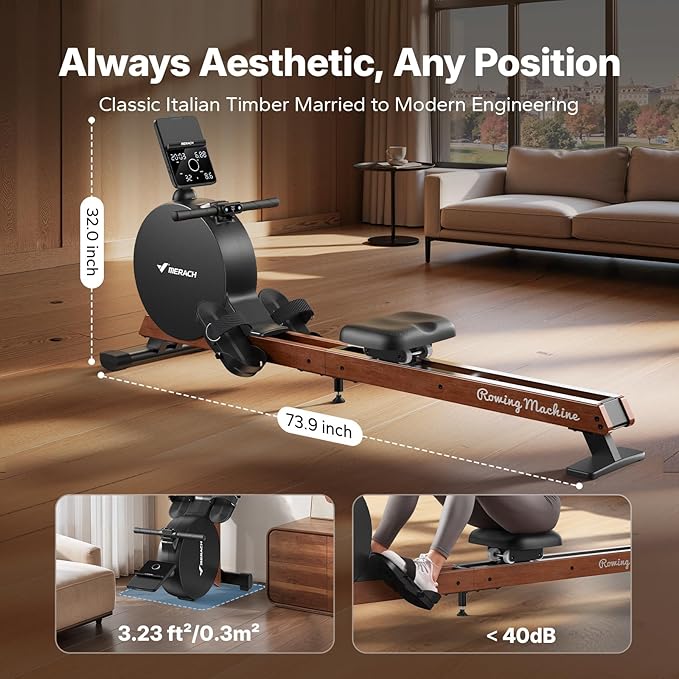 MERACH Pro-Grade Rowing Machines for Home, Smart Magnetic Rowing Machine with Self-Generation, Double Resistance and 400 LBS MAX Load, Wooden Tracks for Silent Sliding, MERACH App 1000+ Course & Games