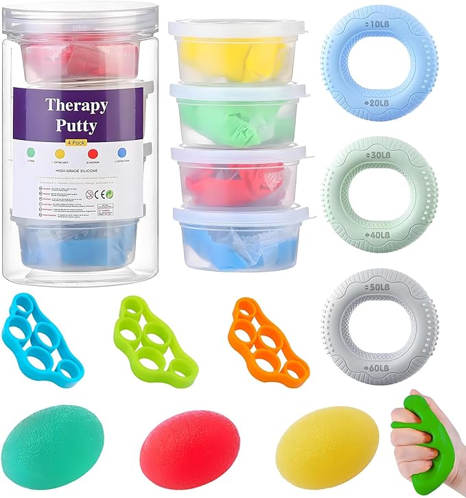 Hand Therapy Putty Kit, Grip Strength Trainer, Forearm Strengthener, Stress Balls, Hand Strengthening Devices 13Pcs Set Grip Strength, Dexterity, Mobility, Injury Stress Relief